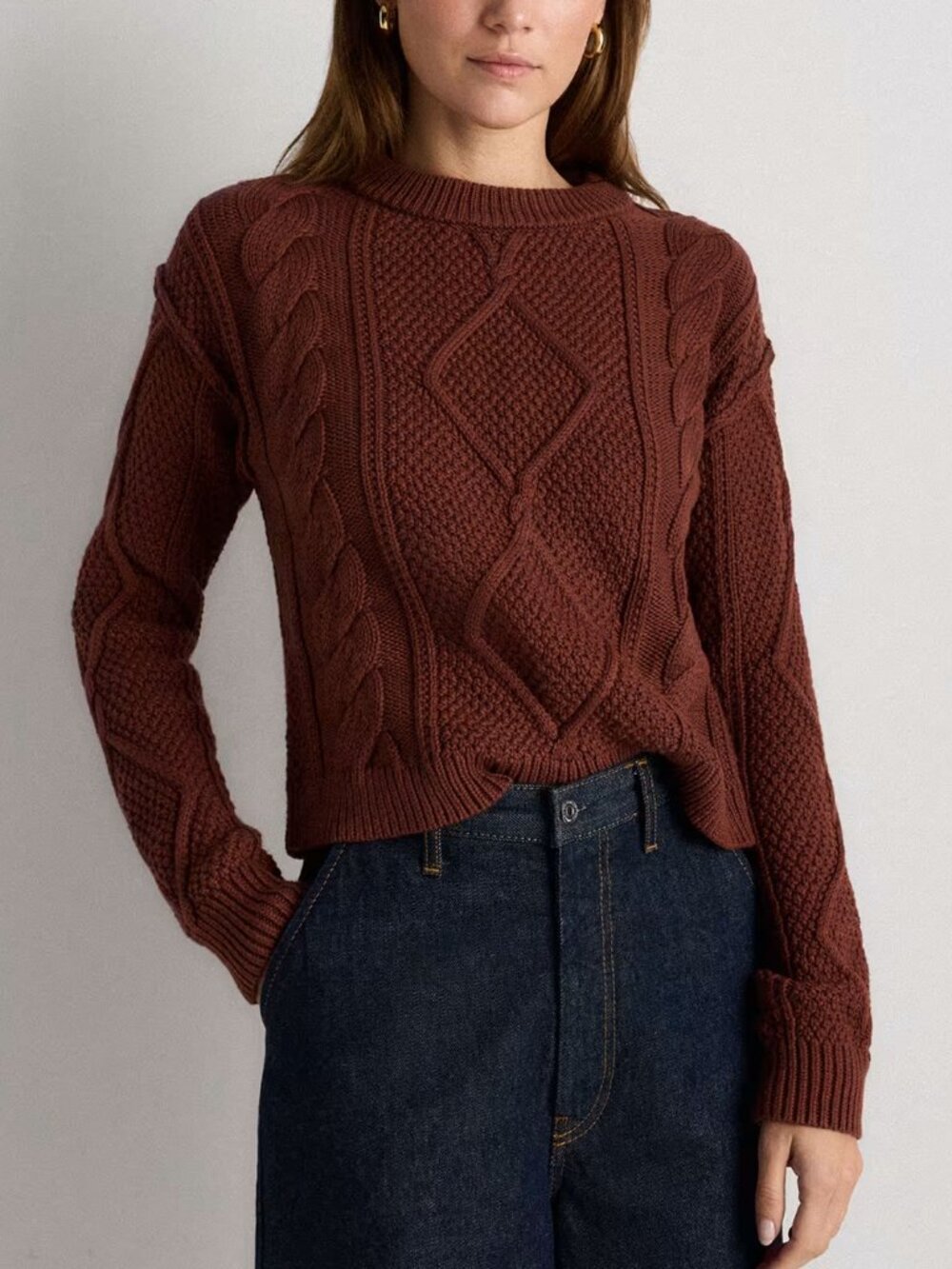 Quince 100% Organic Cotton Cropped Cable Crew Sweater in Medium Redwood Brown